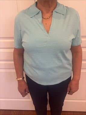 Suzy Shier Light Blue Short Sleeve V-Neck Polo Top